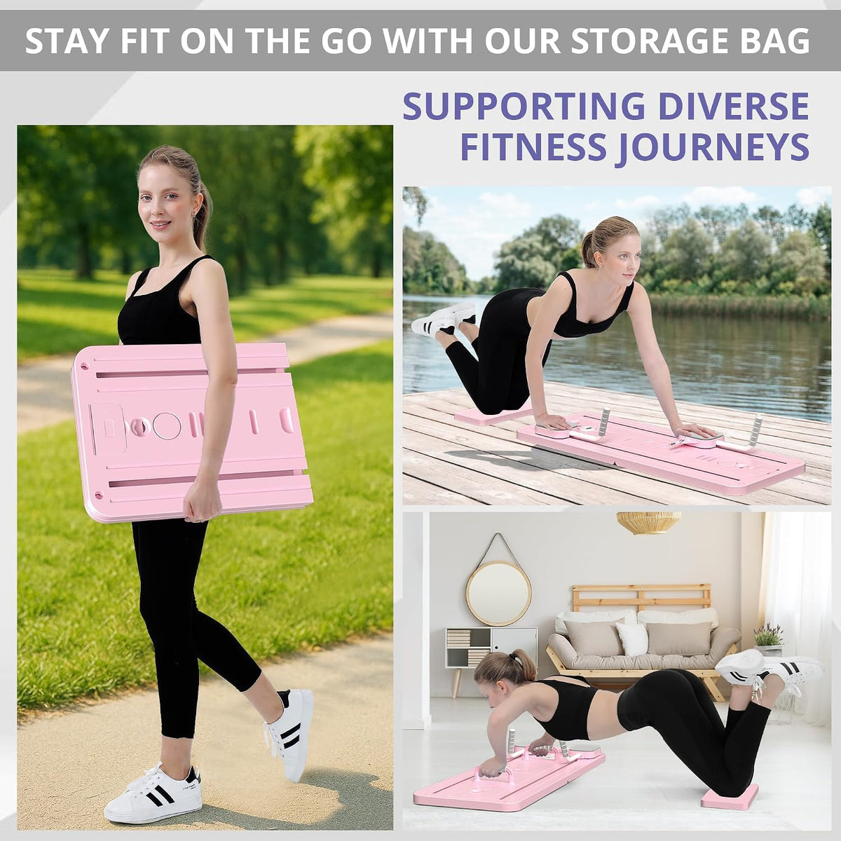 Portable Pilates board with storage bag for outdoor workouts