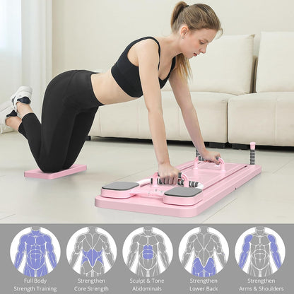 Woman doing kneeling exercise on foldable Pilates board at home